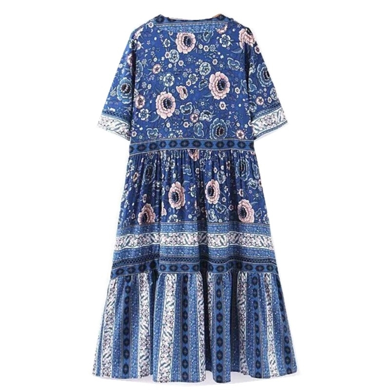 Bohemian Open Button Deep V neck Blue white Floral Print Dress Ethnic Woman Short Sleeve Maxi Long BOHO Dresses Beach Holiday 210429