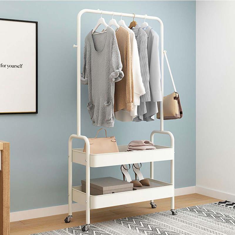 

Clothing & Wardrobe Storage Clothes Rack Floor Coat Bedroom Balcony Drying Shelf Mobile Household Room Stand With DoubleBasket