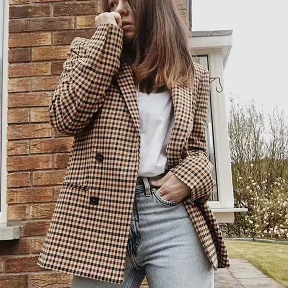 Vintage Double Breasted Office Ladies Plaid Blazer Long Sleeve Loose Houndstooth Suit Coat Jacket Women blazers Female 210428