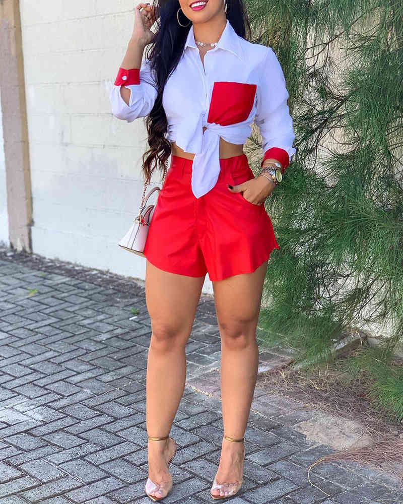 Summer Women Colorblock Tie Front Top & Shorts Set New Femme Casual Turn- down Collar Long Sleeve Shirt & Pants Sets 210415