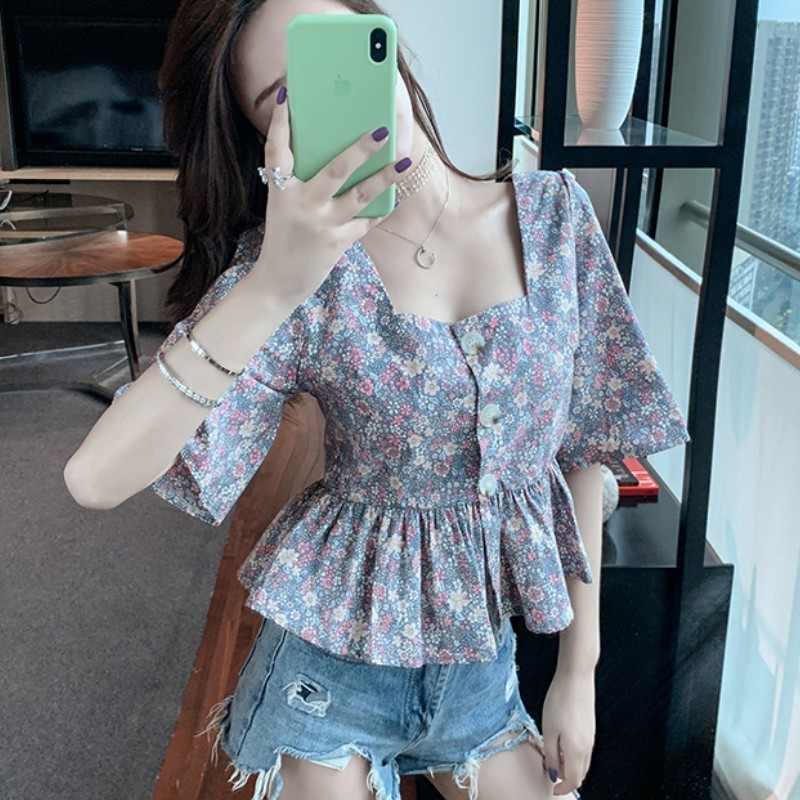 Korean Fashion Temperament Flowers Square Neck Short Sleeve Ruffles Women Blouses Slim Waist Single Breasted Chic Top 210519