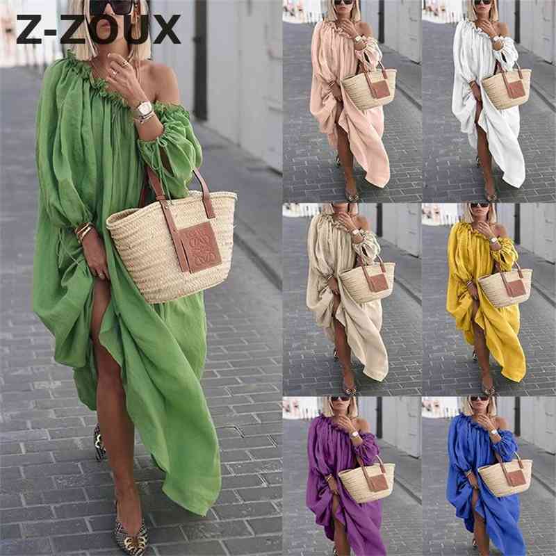 Women Dress Lantern Sleeve Slash Neck Ruffles Loose Beach Dresses Plus Size Long White Fashion 210513