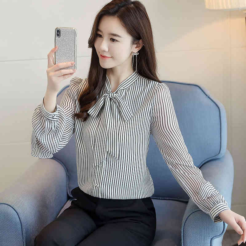 Vintage Blouse Women Female Loose Spring Long Sleeve striped Ruffled Bow Korean Chiffon Fashion Blouses Shirt 660A 210420