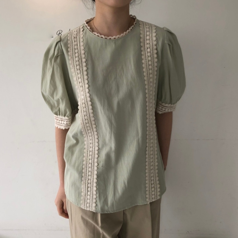 Nomikuma Lace Patchwork Blouse Women Summer Puff Sleeve Shirts Causal O-neck Korean Blusas Mujer De Moda 6H499 210427