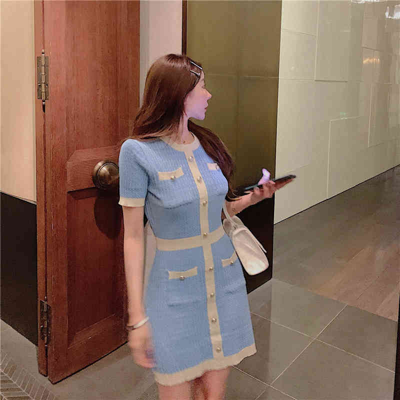 Women Sexy Elegant Vestidos Korean Short Sleeve Knitting Dresses Summer Hit Color Single-Breasted Mini Dress 210519