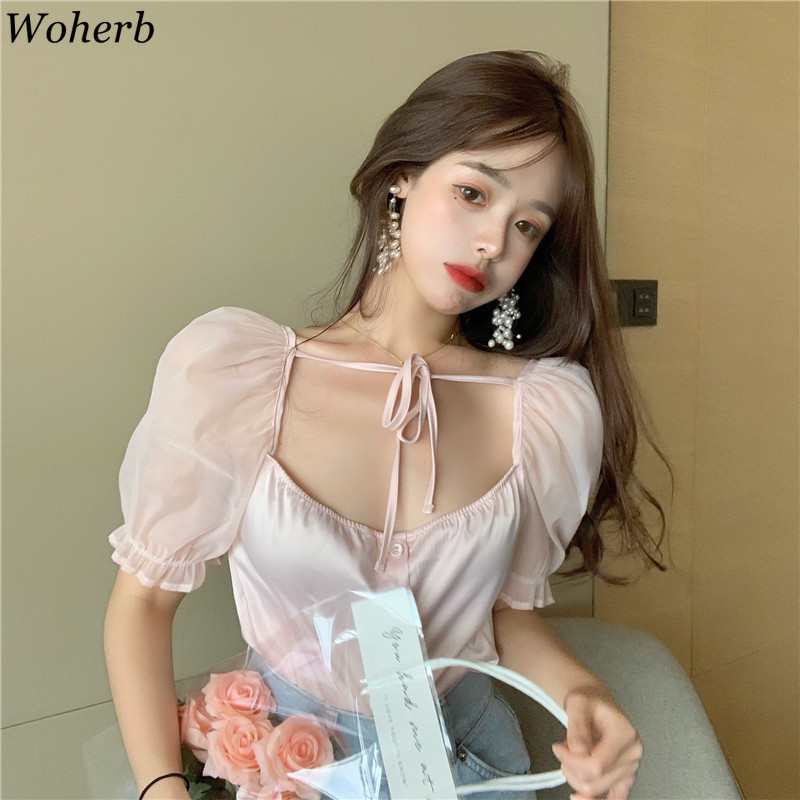 Square Collar Bandage Shirt Korean Elegant Summer Puff Sleeve Blusas Mujer Vintage Women Sexy Blouses Streetwear 210519