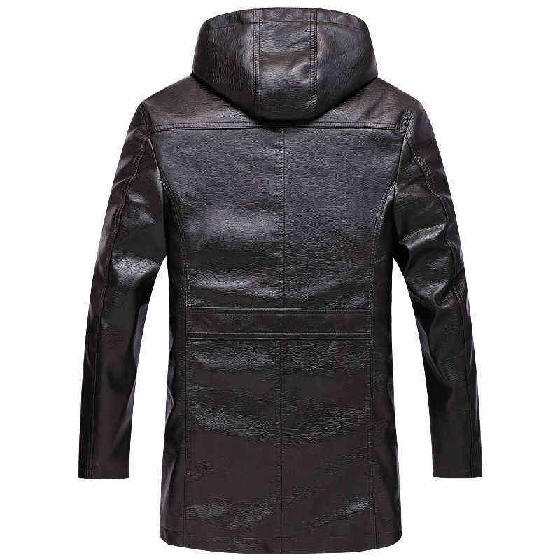 Idopy Winter Warm Men`s Long Faux Leather Jacket With Detachable Hood Fleece PU Faux Leather Trench Coat Jacket Hoodie 211111