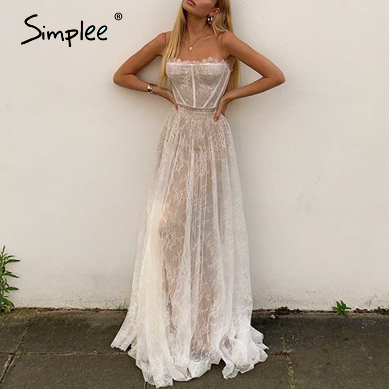 Simplee Sexy white lace summer women maxi dresses Beach spaghetti strap backless plus size dress Mesh femme long dress vestidos 210409