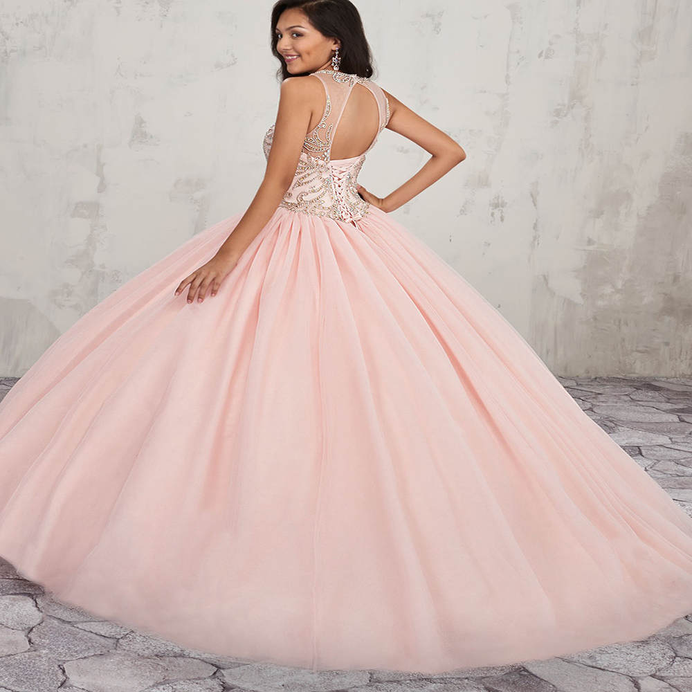 Princess Pink Crytsal Quinceanera Dresses 2021 Open Back Ball Gown Prom Dress Puffy Tulle Birthday Sweet 16 Formal Party Wear Vestidos 15 Años Robes D