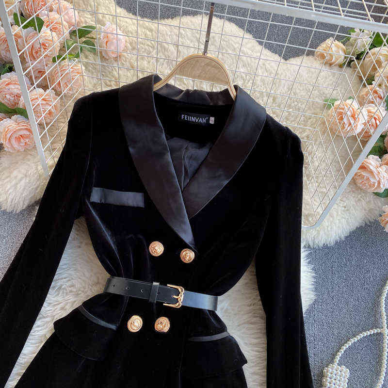 Blazer Coat Women Velvet Suit Jacket Winter Double Breasted Long Sleeve Ladies Black Belt Slim Outwear 211122