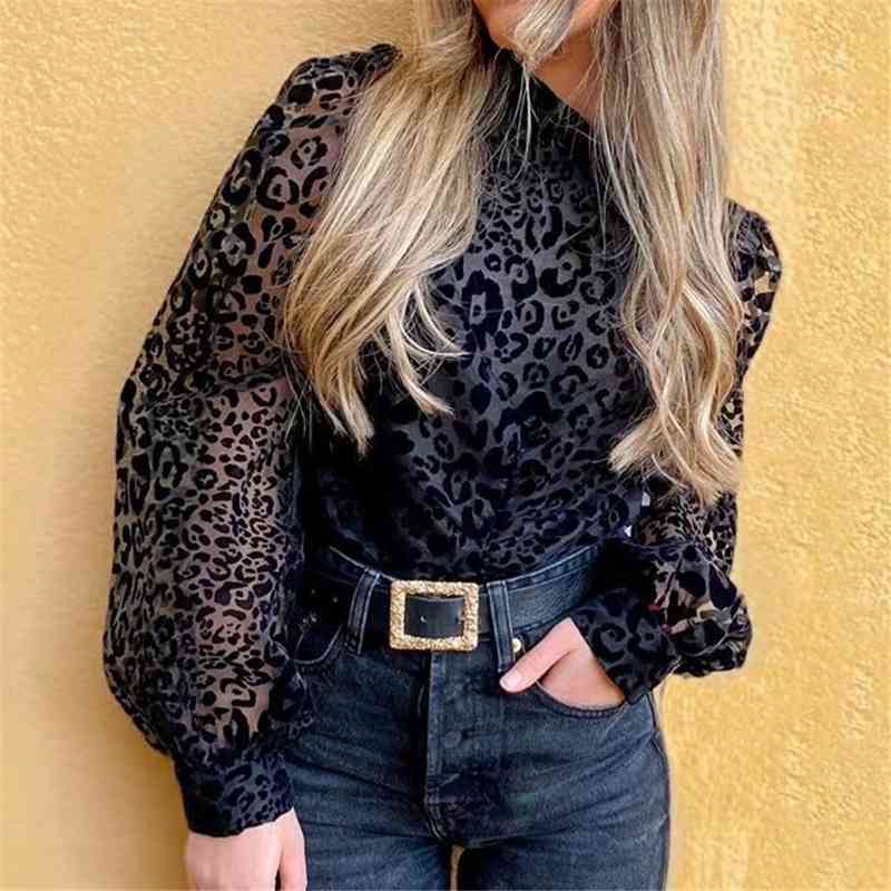 Elegant Women Leopard Lace Shirts Fashion Ladies Ruffles Patchwork Tops Streetwear Female Chic Puff Sleeve Blouses 210430