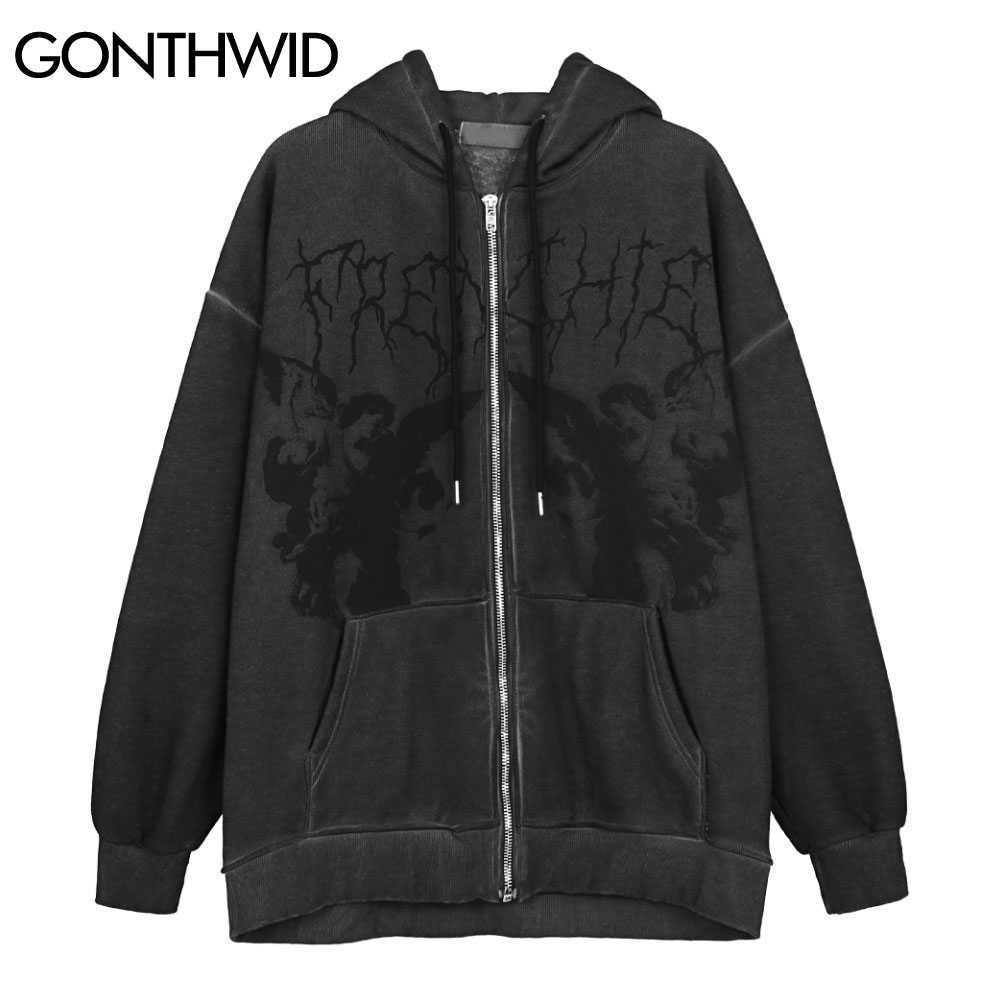 GONTHWID Fleece Hooded Jackets Streetwear Casual Graffiti Angel Print Letter Embroidery Harajuku Hip Hop Men Coat Tops Outwear 211110