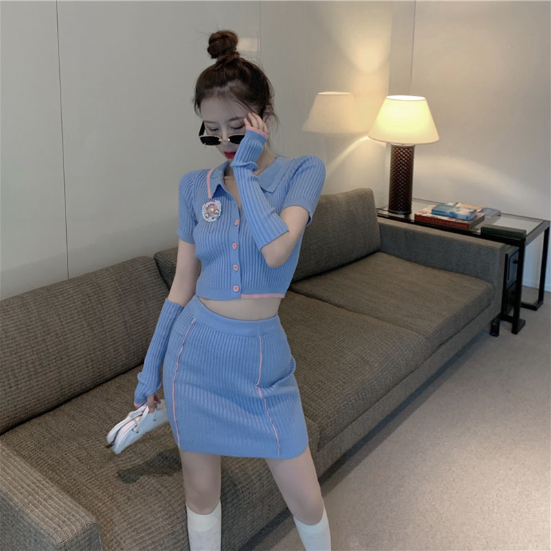 Lucyever Women Fashion slim High elasticity Knit 2 Piece Set Sexy Bodycon Mini dress and Polo-neck short Knitted shirt woman 210521wtt