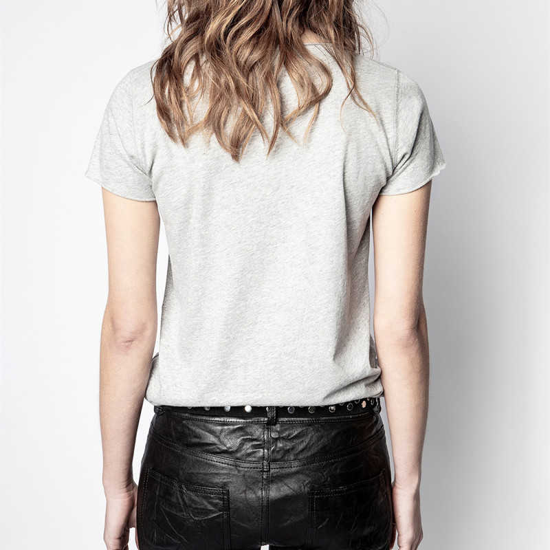 100% Cotton Women's U-Neck Tshirt Letter Heart Embroidery Button White Black Gray Simple Tees Summer 210720