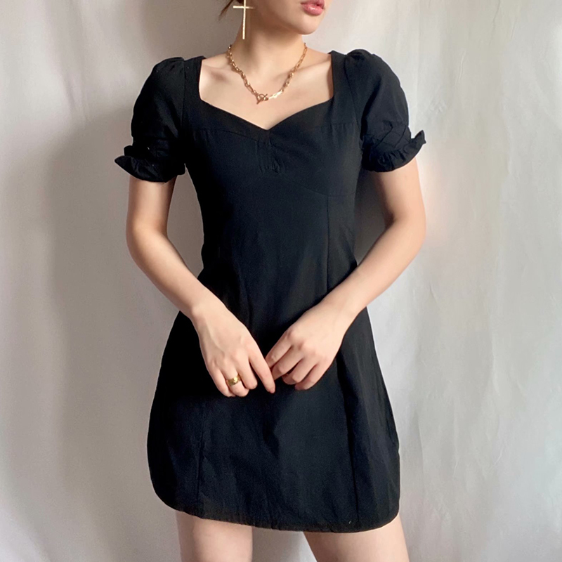 YENKYE Fashion Women Vintage Black Dress Female Sexy V Neck Short Sleeve A-line Mini Elegant Lady Dresses Summer Robe 210515