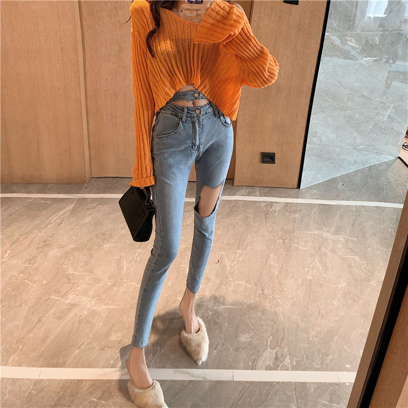 Kog895 Blue Port Of Ins Super Fire Flavour Temperament Joker Hole High Waist Jeans Feet Pants Tide Female Show Stretch Ti