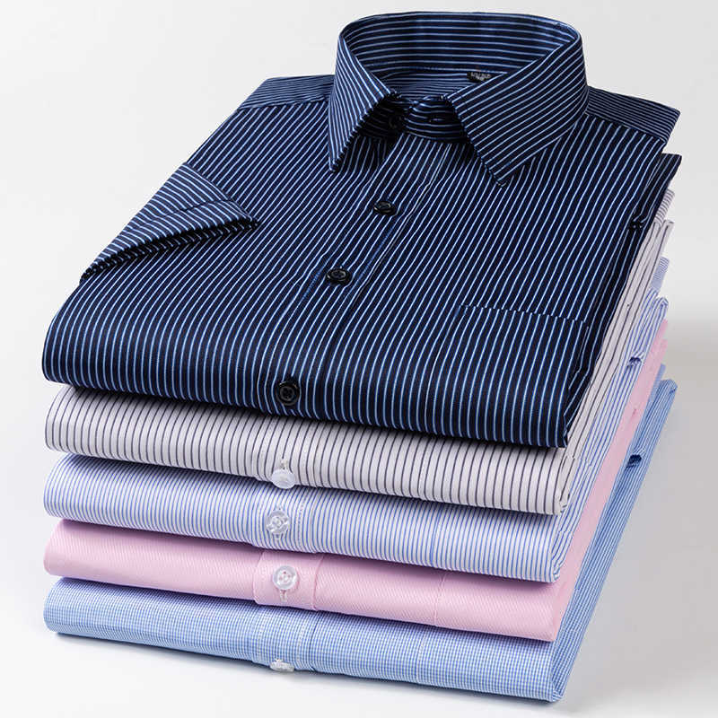 summer short sleeve striped regular fit non-iron easy care business men shirts no fade no shrink with chest pocket 210714