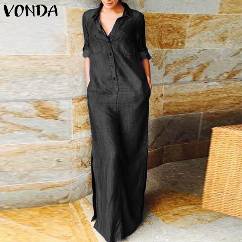 Women Demin Dress 2021 VONDA Vintage Sexy Lapel Collar Long Maxi Dresses Bohemian Summer Casual Vestido Plus Size Robe