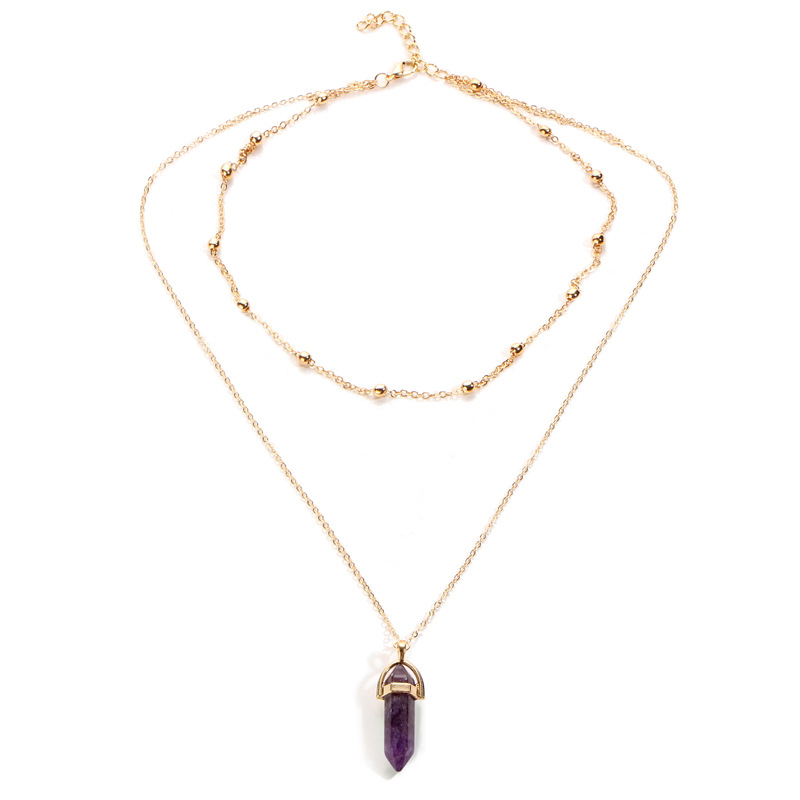 Natural Stones Beads Necklace Women Crystals Quartz Chakra Bullet Hexagonal Prism Point Healing Pendant Necklaces Fashion Double Layer Gold Link Chain