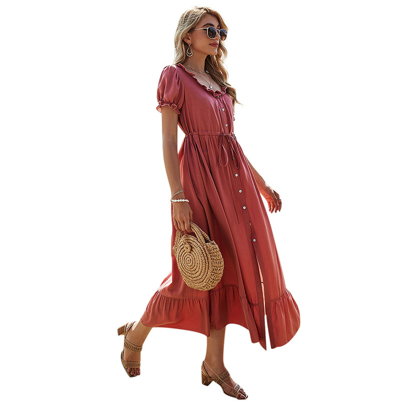 Summer Beach Maxi Dress Women Ruffle Short Sleeve Lace Up Button Boho Long Casual O-Neck Split Sexy Party Robe Femme 210522