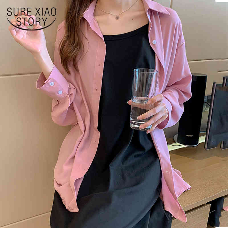 Spring and Summer Women Shirt Korean Style Loose Lazy Tops Solid Turn Down Collar Long Sleeve Feminine 9358 210421