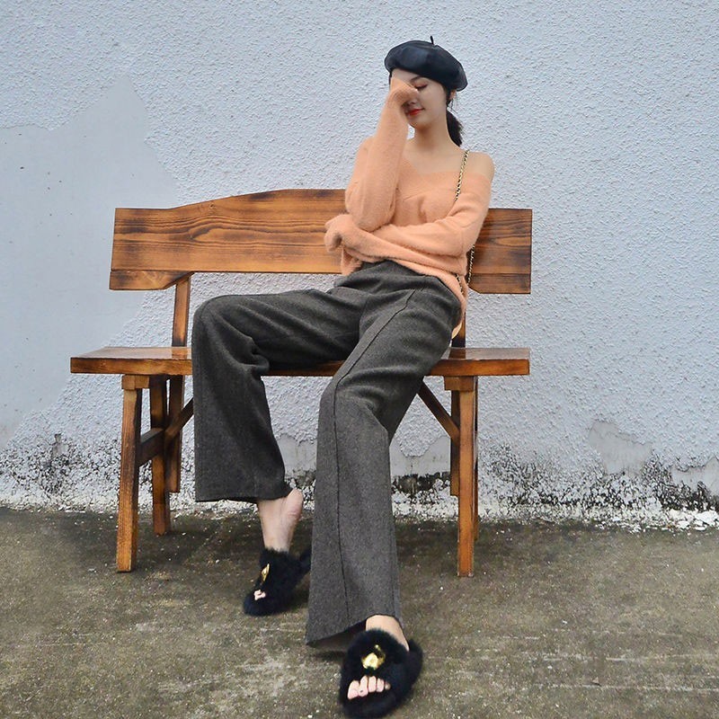 Autumn Winter Korea Fashion Women High Waist Woolen Wide Leg Pants All-matched Casual Solid Loose Femme Trousers V278 210512