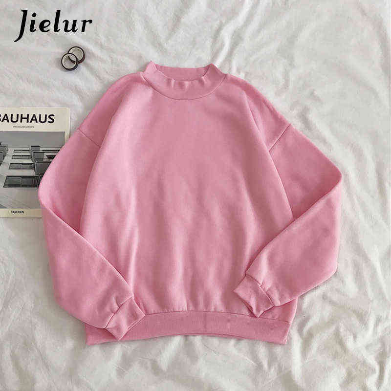 Jielur 9 Colors Pink Green O-neck Hoodies Women Winter Autumn Pullover Sweatshirt Female Pure Color Loose Tracksuit M-XXL 211109