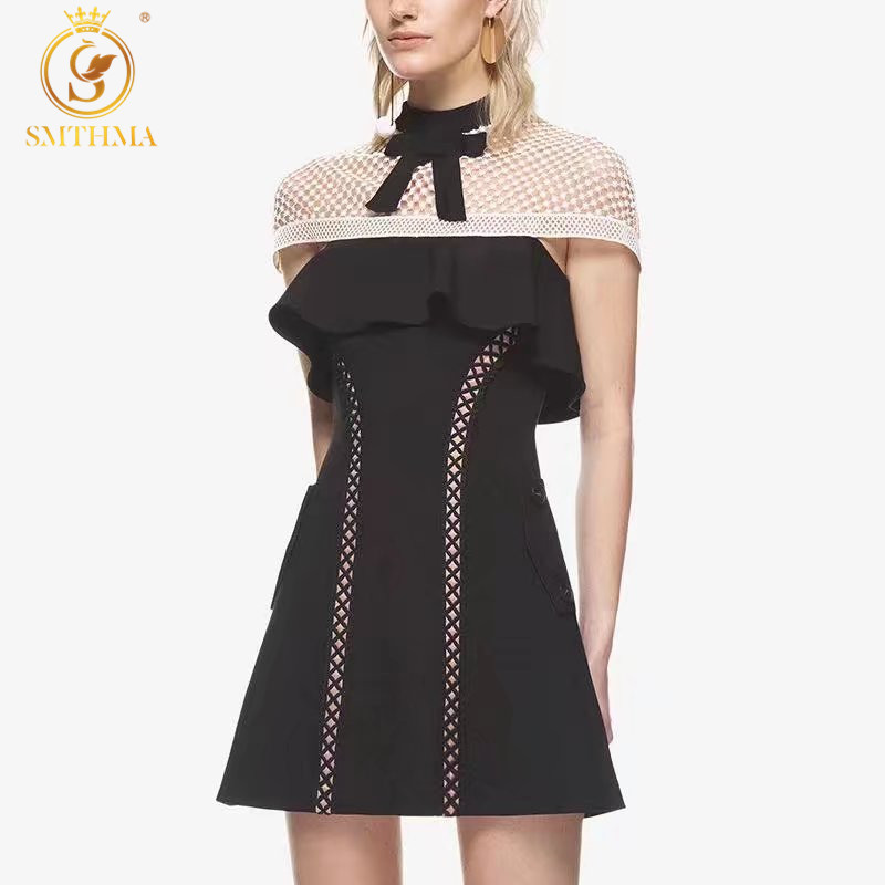 HM Arrive Women's Summer Dress Black Patchwork Lace Hollow Out Dresses Vestidos S/M/L 210520