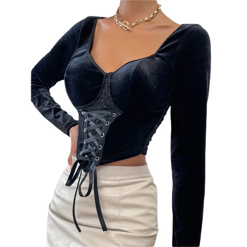 Women's T-Shirt Ladies Autumn Midriff-baring Tops Girls Temperament Solid Color V-neck Long Sleeve Lace Splicing Front Tie Up Slim T-shirts, White
Women's T-Shirt Ladies Autumn Midriff-baring Tops Girls Temperament Solid Color V-neck Long Sleeve Lace Splicing Front Tie Up Slim T-shirts, White