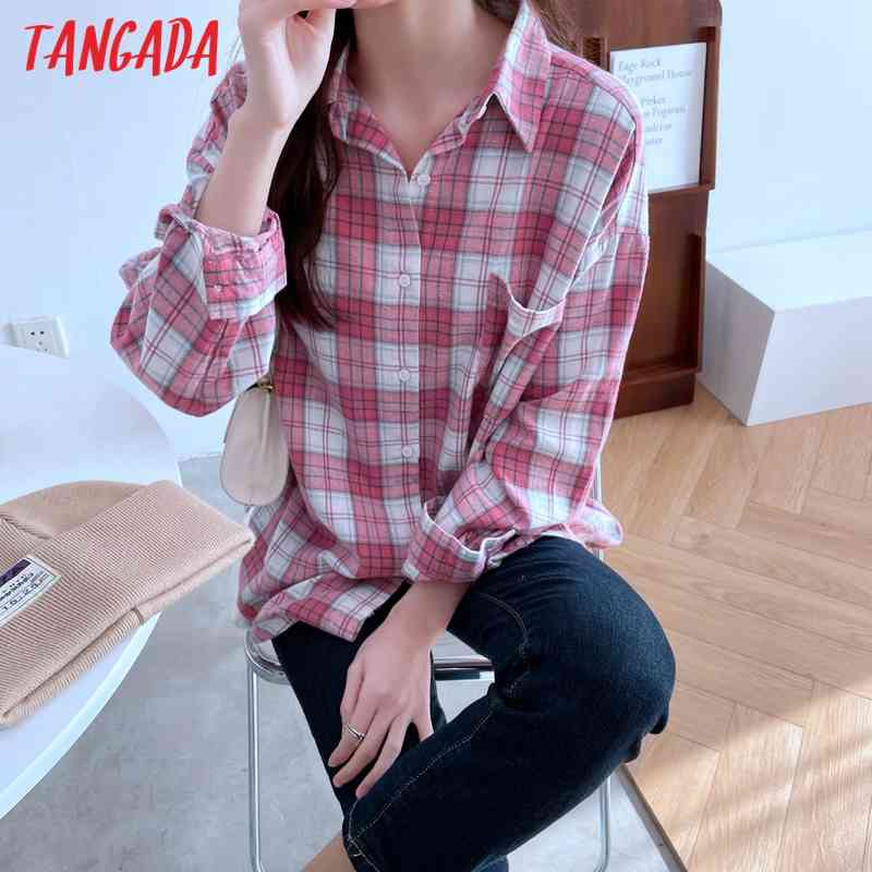 Women Blue Plaid Pattern Oversized Turn Down Collar Pocket Chic Female Casual Loose Shirt BA3 210416