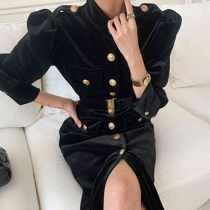 Spring Korea Chic Elegant Stand Collar Women Black Velvet Dresses Female Puff Sleeve Single-Breasted With Belted Midi Vestidos 210520