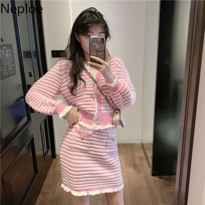 Neploe Two Piece Outfits for Women Knit Sweater Skirt Korean Striped Fashion Suit Fall Clothes Female Roupas 2 Piece Set 210422