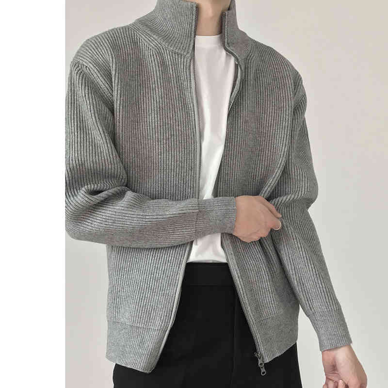 IEFB Men's Clothing Zipper Cardigans Sweater Stand Collar Causal Vintage Black Grey Clothing For Male 9Y6608 210524