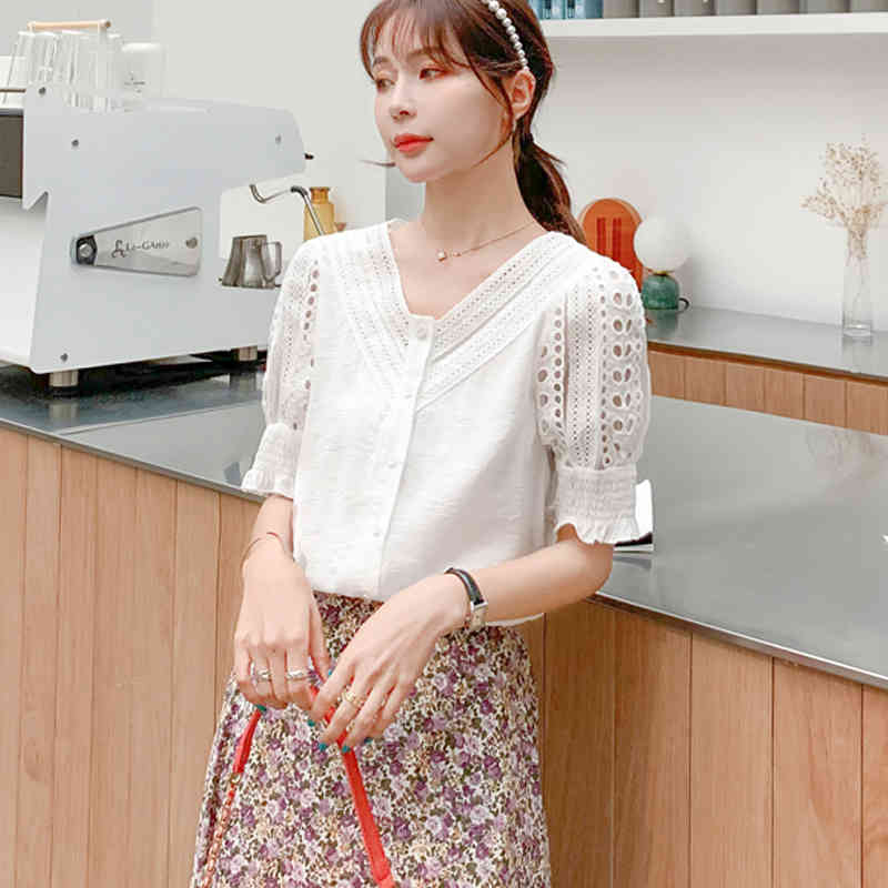 Blusas Mujer Summer V-neck Chiffon Shirt Casual Short Sleeve White Women Blouse And Tops Hollow Out Clothing 9556 210415