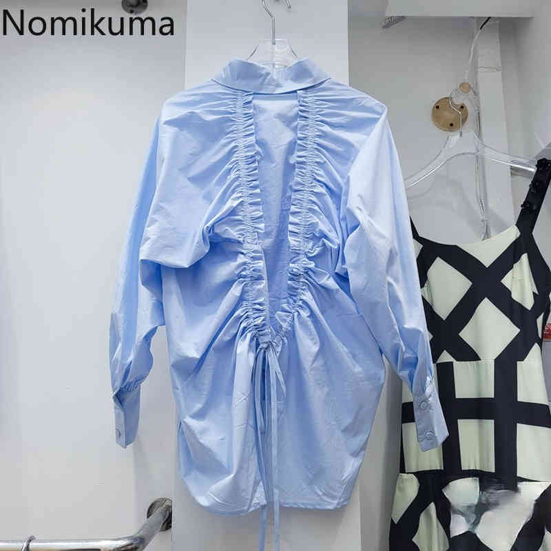 Nomikuma Korean Drawstring Bow Tie Hollow-out Blouse Tops Causal Long Sleeve Woman Shirt Summer New Blusas Mujer 6G798 210427