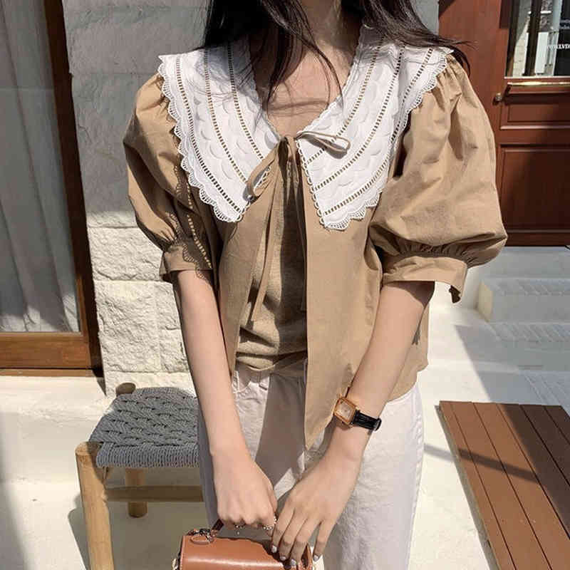Korean Sweet Blusas Peter Pan Collar Summer Lace Up Short Women Blouses Puff Sleeve Retro Ropa Mujer 210415