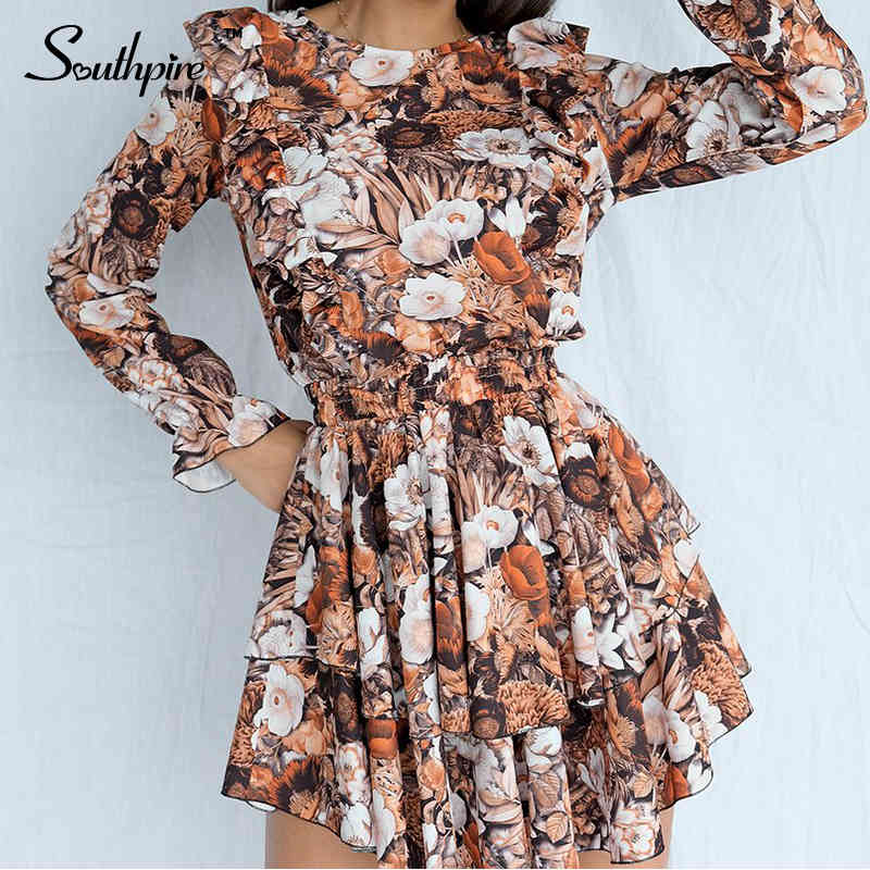 Southpire O-Neck A-Line Black Flower Print Vintage Dress Women Long Sleeve Ruffle Mini Party Dress Casual Daily Clothes Fashion 210409