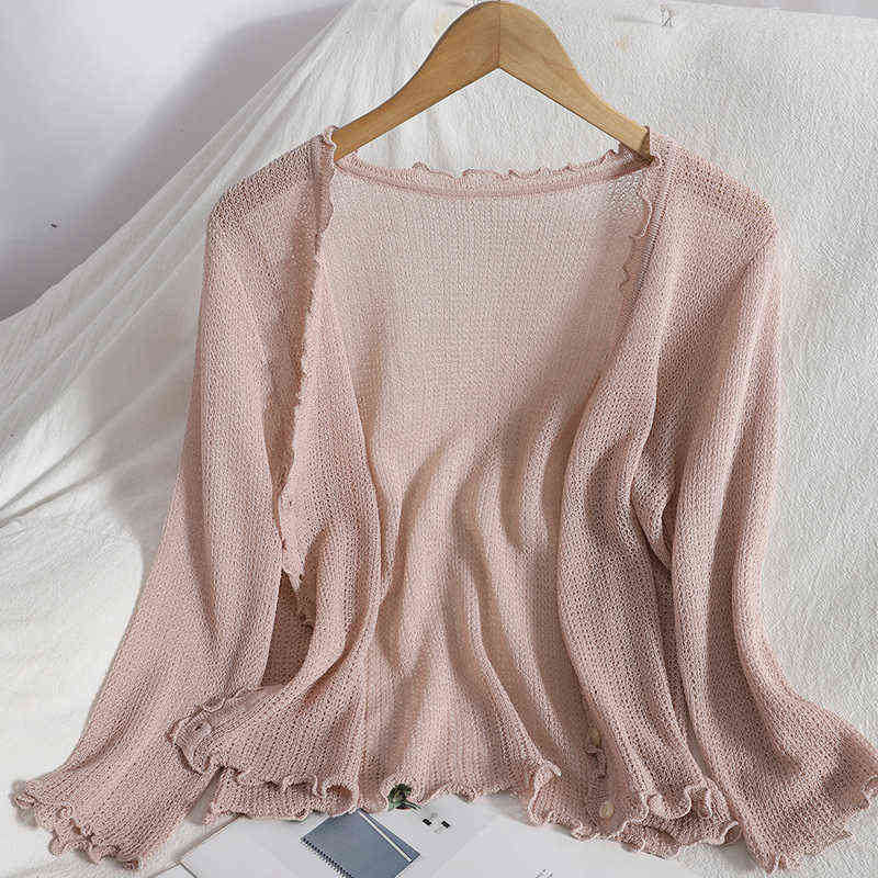 Summer wild casual knitted small cardigan for womens top jacket Korean Ruffles V-neck blouse cardigans hollow knit sweater women 211117