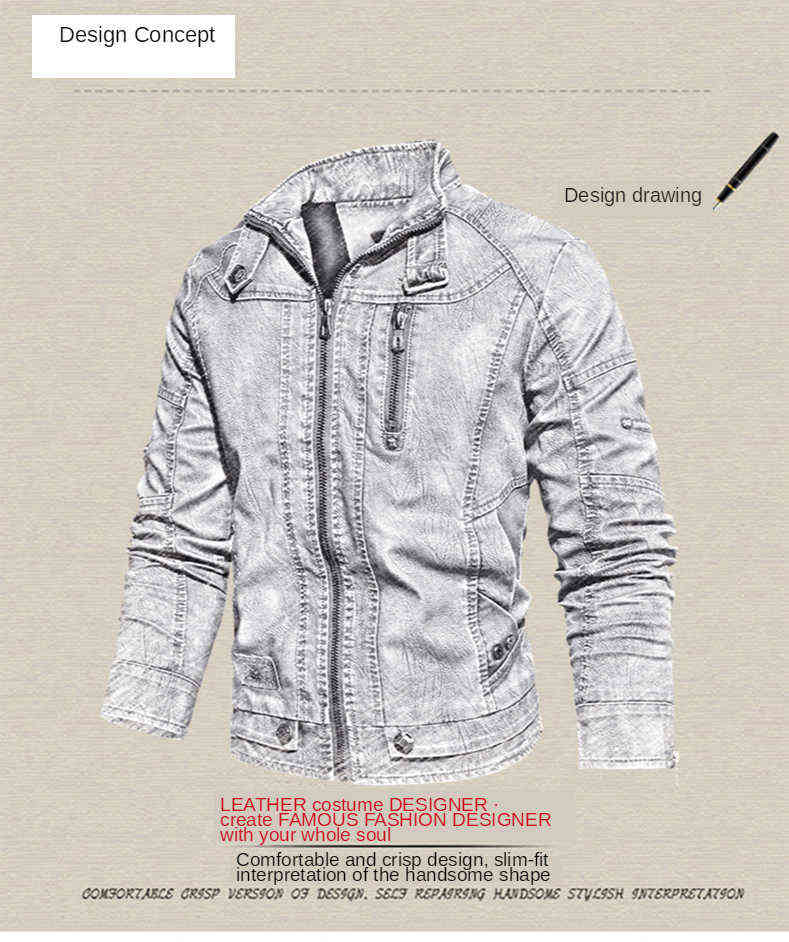 Autumn Winter Men's Motorcycle Leather Jacket Lining with Velvet Stand Collar Faded leisure Artificial Leather Coat 211111
