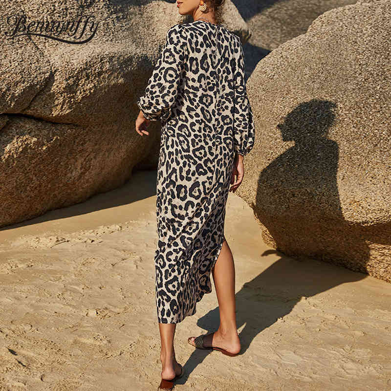 V-neck Leopard Print Split Long Dresses Fashion Casual Women Sleeve Spring Summer Dress Beach Vestidos 210510