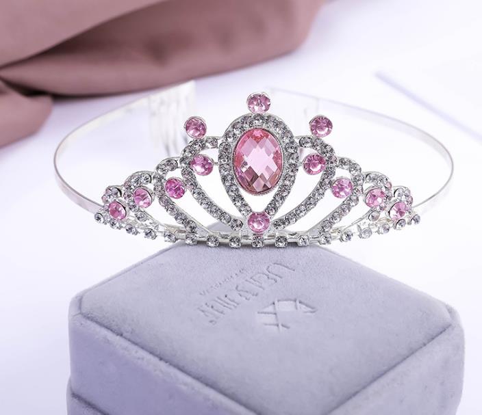 Pink Gems Rhinestone Tiara Blue Crystal Crown Alloy Silver Headband for Kids Girl Prom Birthday Prinecess Costume Party Accessories