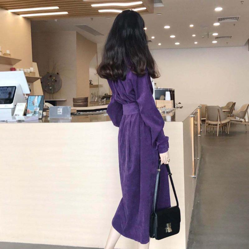Casual Dresses 2021 Autumn Winter Women Corduroy Purple Dress Korean Style Solid Color One Piece Long Chic Slim Fit Sleeve Vestidos