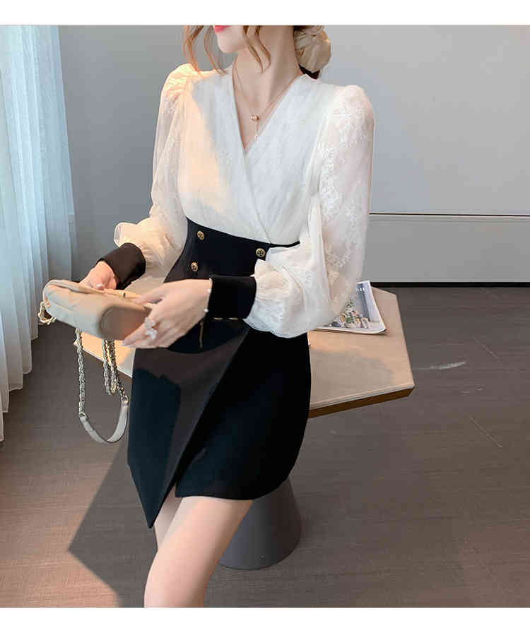 Autumn Women Vintage white Lace Patchwork Mini Dress Elegant Office OL double-breasted Slim Dress Woman Vestidos 210518