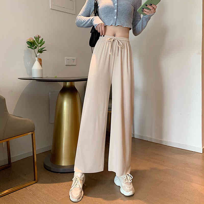 Pants & Capris Solid Thin Loose Elastic High Waist Pink Wide Leg Pant Drawstring Casual Chic Korean Wild Women Clothing Bottom 210429