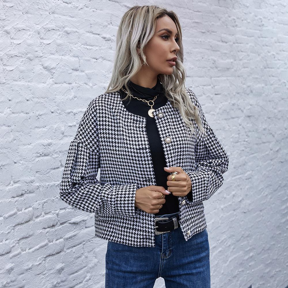 Fashion Coats And Jackets Black Elegant Ladies Plaid Houndstooth Buttons Autumn Winter Clothes Women Outerwear New Fall 210415