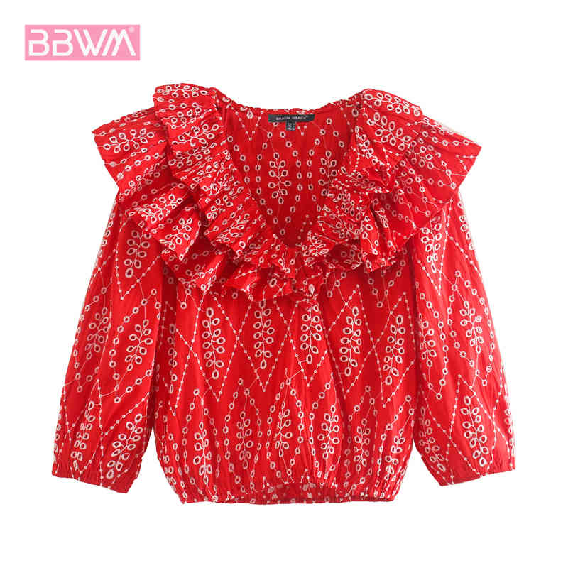 Summer Women's Dress Sexy V-neck Bubble Sleeve Blouse Retro Heavy Embroidery Shirt with Flurried Trim Female 210507