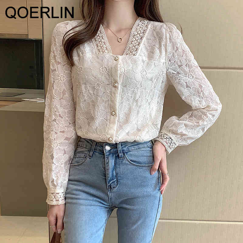 QOERLIN S2XL Chic Elegant Vneck Lantern Sleeve Shirt Blouse Women Korean Sweet Plus Size Apricot Hollow Out Tops Blusa Mujer 210412