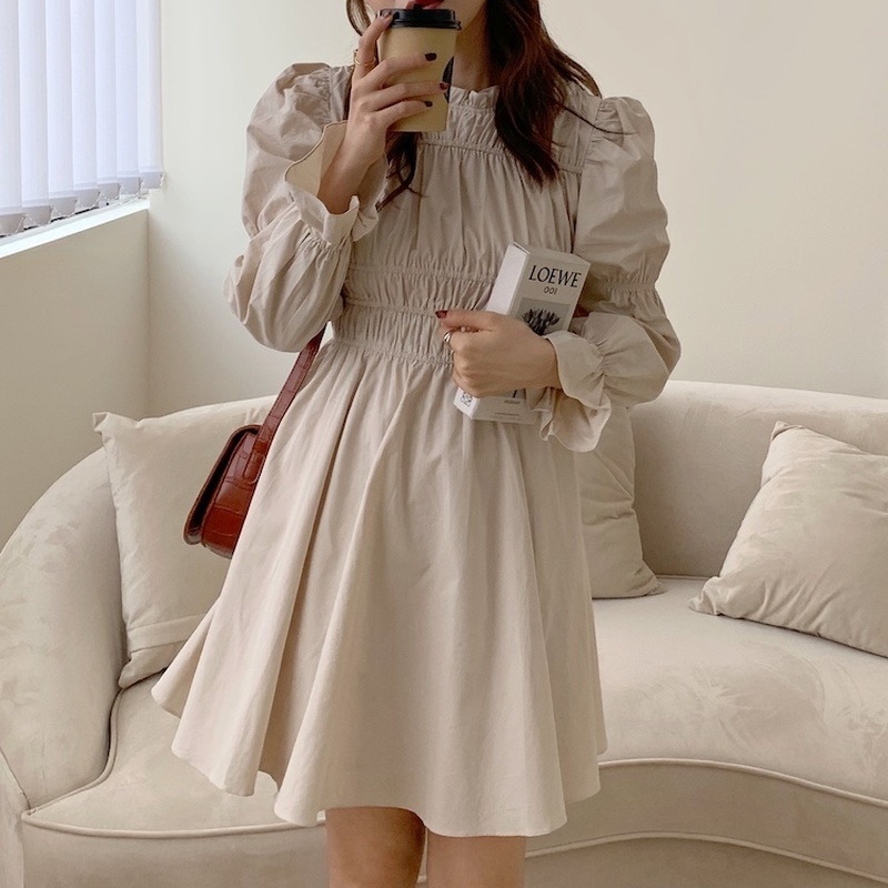 Korean Style Puff Long Sleeve Women Dress Elegant Slim Fit Pleated Vestidos Office Lady Solid High Waist Mini Dresses 210422Z