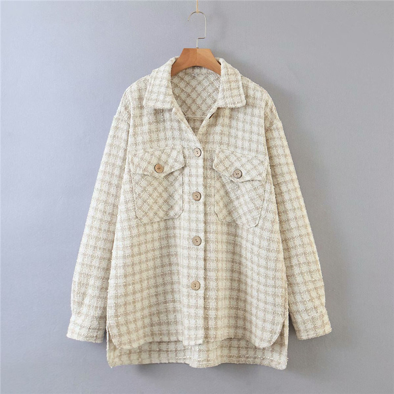 Women Casual Plaid Print Autumn White Long Jackets Outwear Chic Lady Stylish Single Breasted Sleeve Pockets Coat Jacket 210421