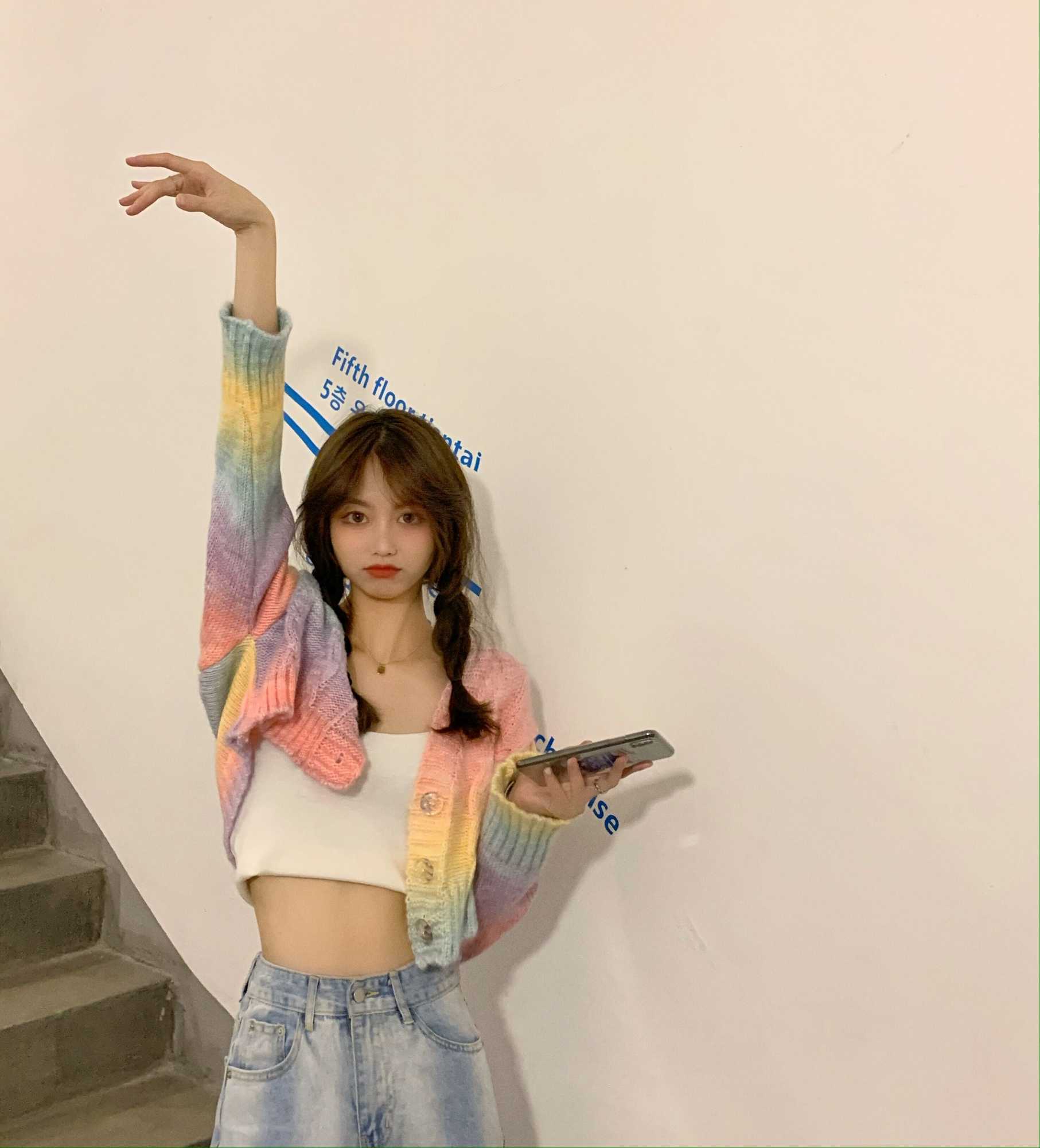 H.SA Spring Autumn Women Short Cardigans Rainbow Coloful Twisted Sweater Tops Knitted Spring Tops Rainbow Striped Cardigan 210716